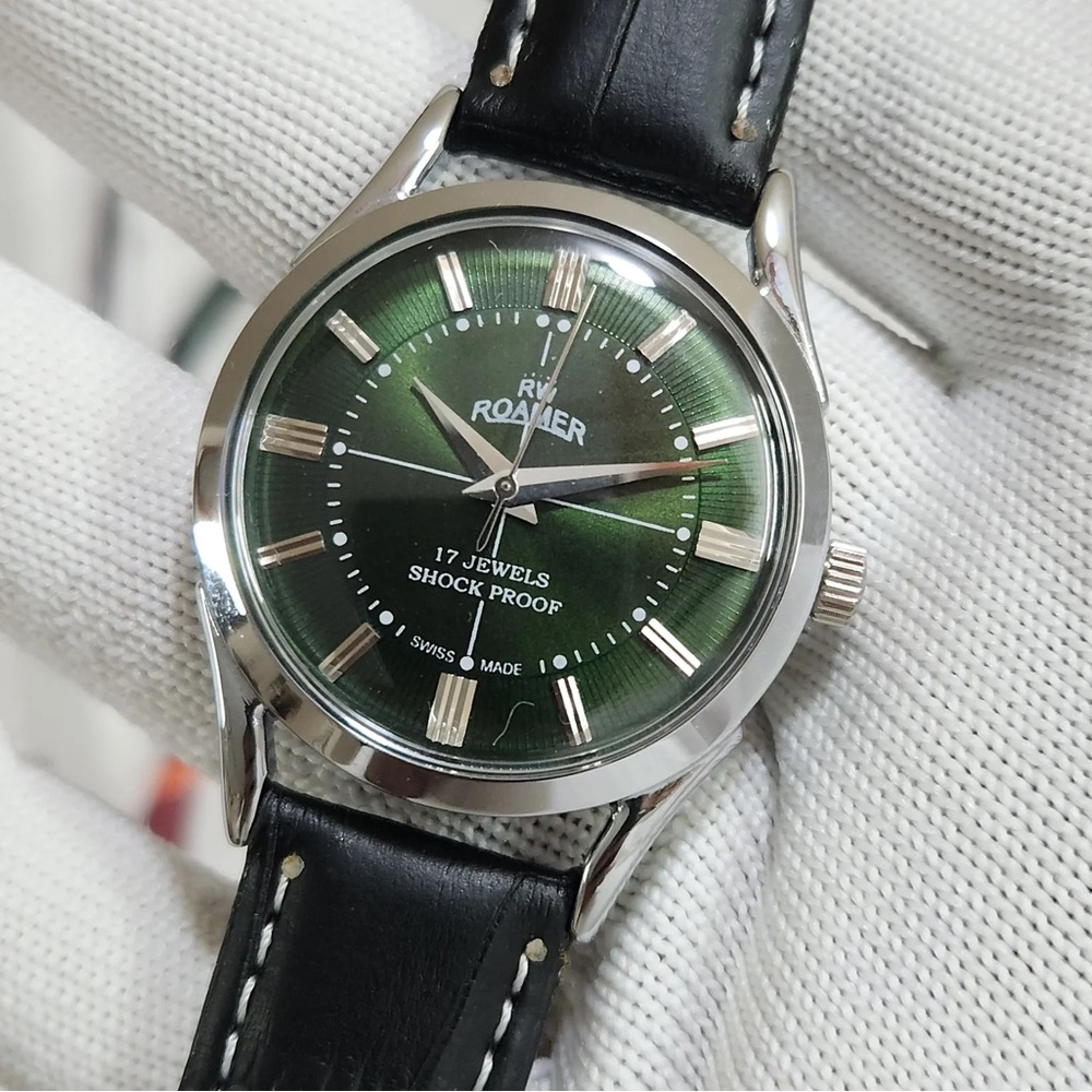 RARE Vintage Roamer Green Dial Watch with Black Leather Strap